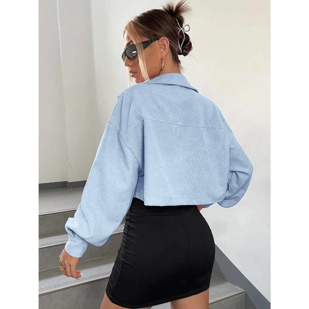 Minimalist Drop Shoulder Crop Corduroy Jacket shacket coat - Picture 4 of 11